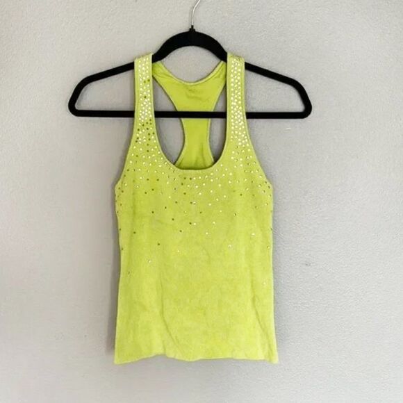 Y2K Halter Tank Top Sleeveless Fluorescent Green Built In Bra Rhinestone Tank - Picture 1 of 4
